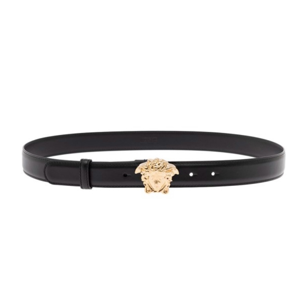 Women's Black Leather Belt With Medusa Buckle